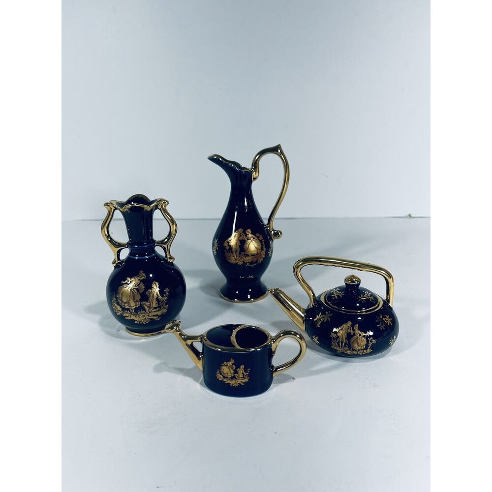Limoges France Cobalt Blue/Gold Trim Figures Set Of 4 Bardet Signed Jug, Vase ..